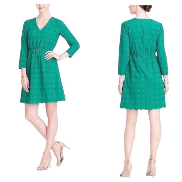 J. Crew Green Cotton V-Neck Circle-Eyelet Lace Dress. Size 12. - Picture 2 of 14